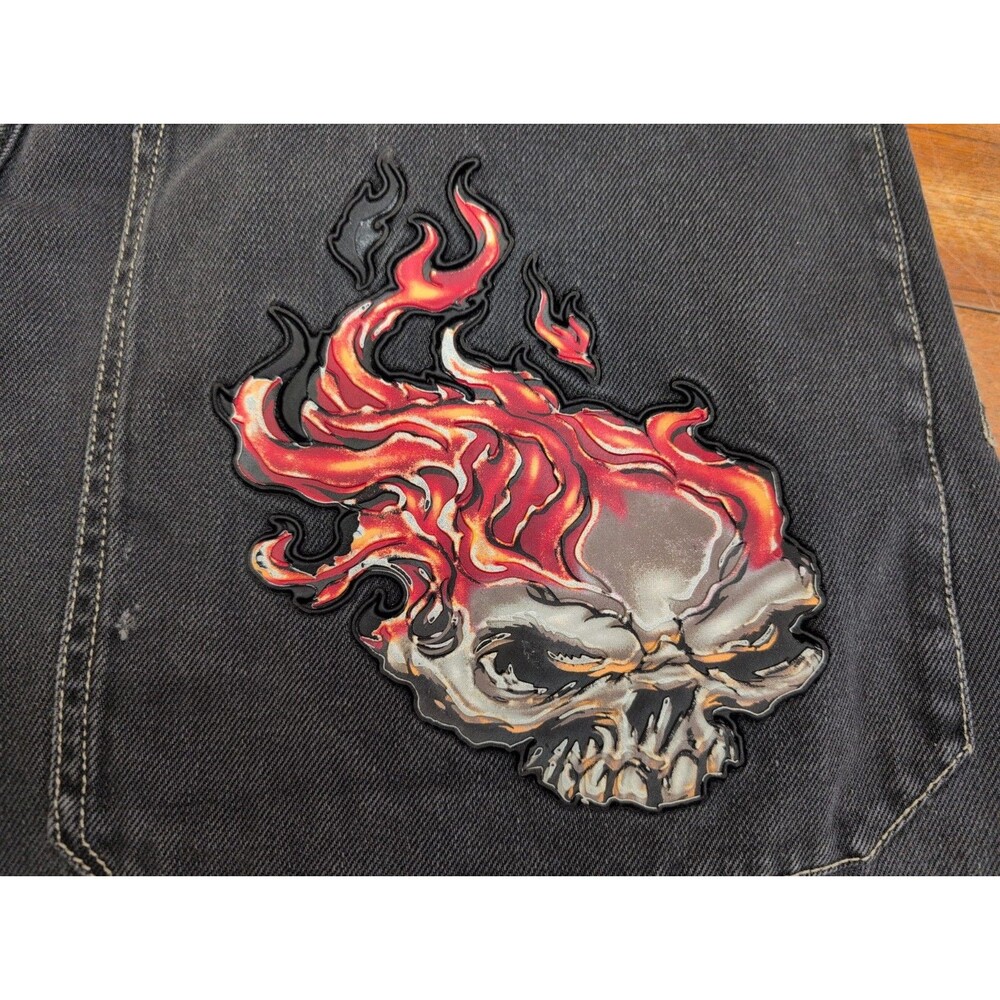Vintage JNCO Jeans Flaming Skull Embroidered Faded Black Wide Baggy Pants 34x32